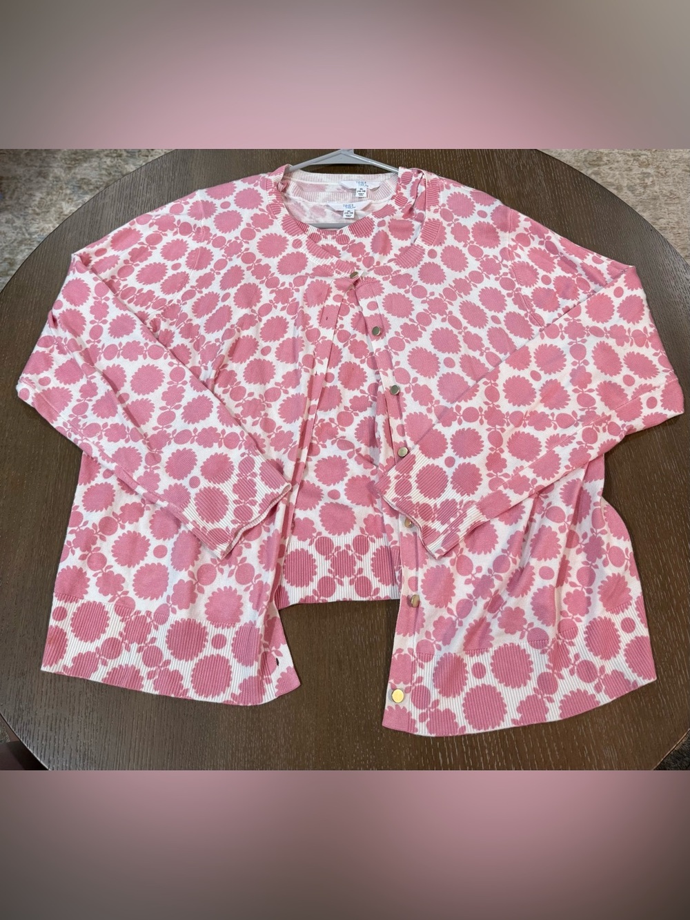 Time and Tru Pink and White Patterned Button Cardigan Set
